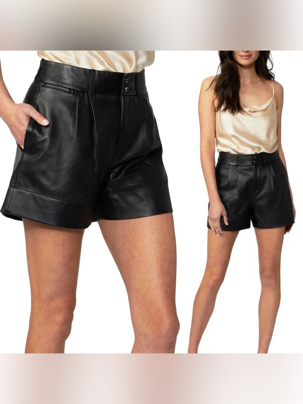 nwt PAIGE High Waisted BLACK LEATHER SHORTS xs/2 soft moto rocker pleated new